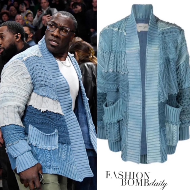 Shannon Sharpe’s Lakers vs Grizzlies Match Greg Lauren Blue Patchwork Cardigan + What was the Heated Argument About?